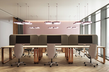 Modern empty office interior with sleek furniture, partitioned desks, and large windows showcasing contemporary professional workspace. 3D Rendering