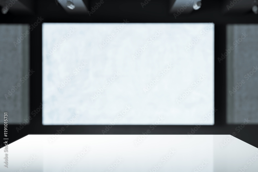 Poster Abstract modern indoor space with a white podium and blurred background of rectangular panels in a studio setting. 3D Rendering