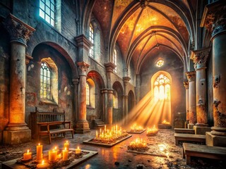 Fototapeta premium Serene Church Interior: Glowing Candles & Peaceful Light