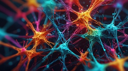 Abstract rainbow colored polygonal neural connections on dark space background