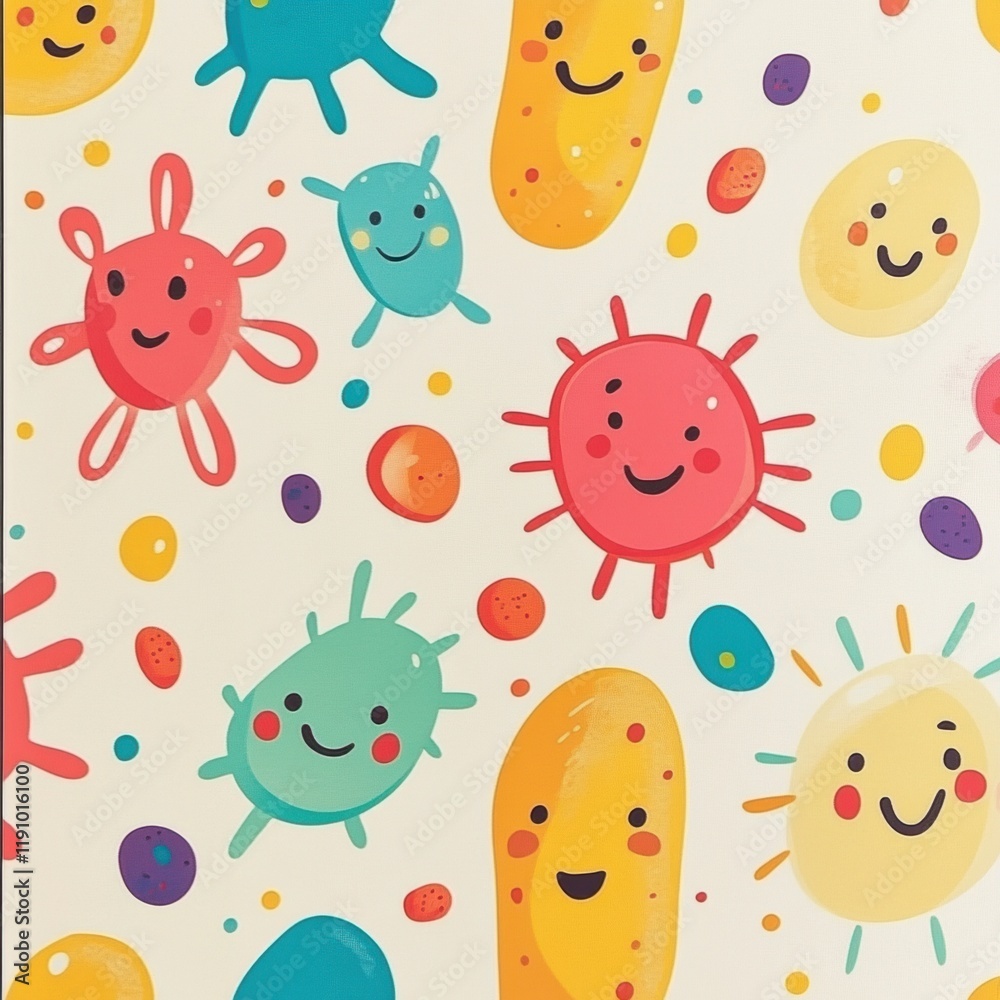 Leinwandbilder Smiling cartoon microbes interact in a playful pattern on a colorful background filled with bright shapes. Generative AI