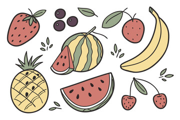 Colorful hand-drawn fruit illustrations, playful cartoon style, isolated fruit icons on white background, vibrant colors, simple shapes, watercolor texture, assorted fruits and berries, flat design, c
