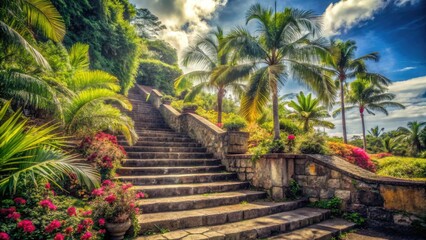 Obraz premium Sun-drenched stone steps wind through Martinique's lush vintage garden, a tropical paradise.