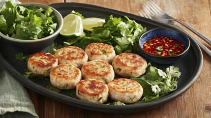 Freshly Made Thai Fish Cakes Served on a Platter with Spicy Sauce and Fresh Herb Garnish for a Delicious Culinary Experience