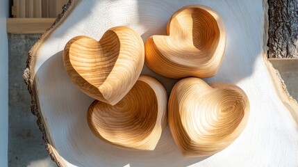 Decorative heart shaped wooden bowls arranged thoughtfully for a charming Valentine Day celebration in a warm and inviting setting