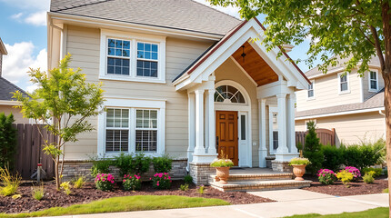 Luxury House Exterior: Modern Home Architecture and Landscaping Design. Beautiful Beige Facade, Stonework, and Lush Greenery. Perfect Family Home in a Peaceful Suburb.