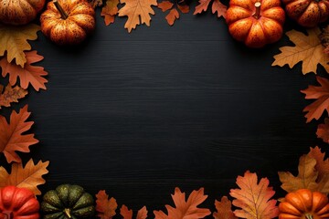 Fototapeta premium Autumn Harvest Frame Pumpkins and Oak Leaves on Black Wood, Thanksgiving, Fall Decor Thanksgiving, Fall