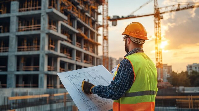 Construction Site Blueprint Review Architect Sunset, Construction, Architecture, Blueprint Construction, Architecture