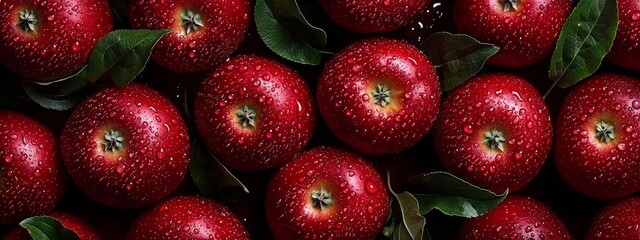 Dew-Kissed Red Apples Close-up Composition, Macro Photography, Juicy Fruit Concept, Apple...