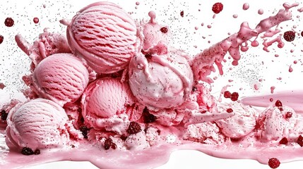 Exploding Raspberry Ice Cream Scoops Dynamic Composition, Splashing Texture, Sweet Indulgence,Food Photography Ice cream, raspberry, food photography