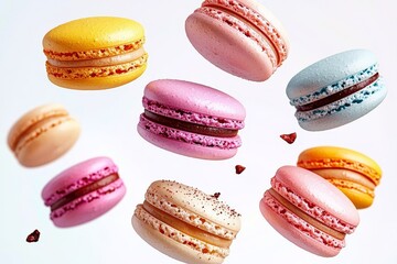 Floating Macarons Colorful French Pastries in Mid-Air, Close-up, Food Photography, Sweet Treats Macarons, Food Photography