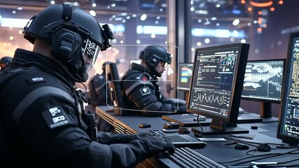 Officers Arresting Cybercriminal in Dimly Lit Room