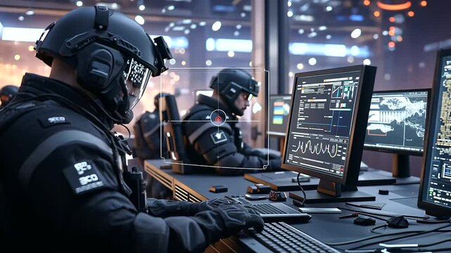 Officers Arresting Cybercriminal in Dimly Lit Room