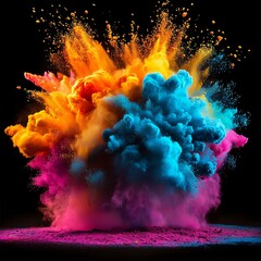Vibrant Color Explosion Dynamic Composition of Orange, Blue and Pink Powder Clouds, Abstract Art, Photography Color explosion, powder photography