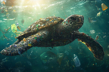 Obraz premium sea turtle made entirely from plastic garbage with its shell pieced together from colorful bottle caps, its fins crafted from transparent plastic bags swimming in ocean. ecological disaster. pollution