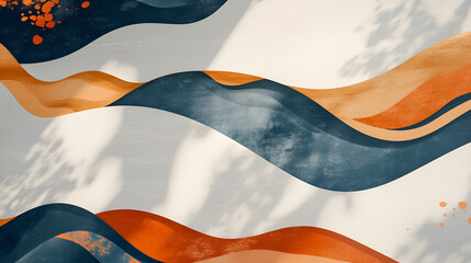 Abstract Wave Pattern: Dynamic interplay of navy, burnt orange, and beige wave forms creating an abstract pattern reminiscent of flowing water or fabric. Subtle shadow play adds depth and texture. 