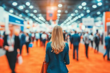 Woman at Trade Show Blurry Background, Single Figure, Expo Concept, Event Photography Trade Show, Expo