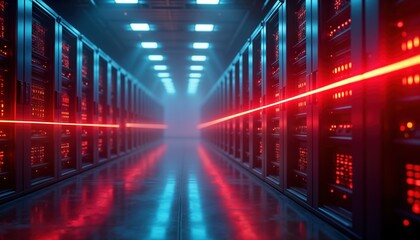 Futuristic server room with red, blue laser barriers protecting critical data repositories. Advanced tech safeguards sensitive data from cyberattacks. Automated systems monitor, maintain facility.