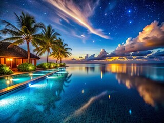 Obraz premium Serene Infinity Pool at Luxurious Beach Resort, Night Ocean View