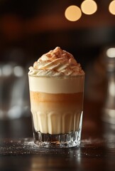 Creamy Coffee Layered Dessert in a Glass with Whipped Cream and a Dusting of Cinnamon on Top, Perfect for Coffee Lovers and Dessert Enthusiasts Alike