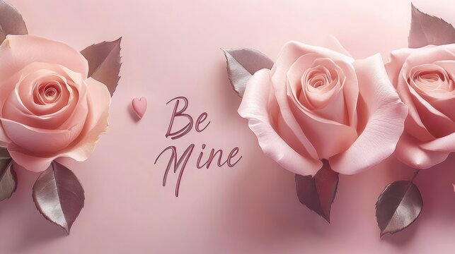 Delicate pink roses with heartfelt Be Mine message creating an elegant atmosphere for Valentine Day celebration
