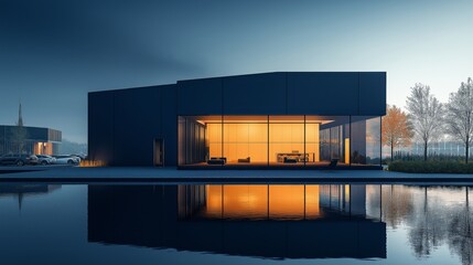 Fototapeta premium Modern data center building illuminated by twilight in urban landscape