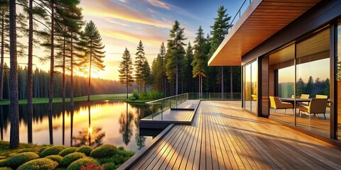 Serene Lakeside Terrace with Majestic Pine Tree View - Architectural Photography