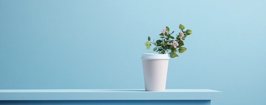 White disposable coffee cup with flowers growing inside on blue background