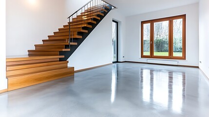 Modern Home Interior  Wooden Stairs  Polished Concrete Floor  Large Window
