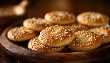 A close-up shot of a plate of sesame seed cookies on a wooden surface.