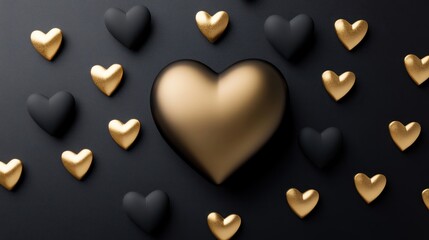 Elegant arrangement of golden and black hearts for a romantic celebration on Valentine Day showcasing love and heartfelt sentiments in artistic display
