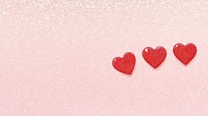 Pink glitter background, three red hearts, Valentine's Day card