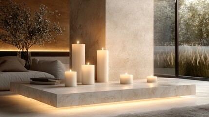 Modern Interior with Lit Candles and Neutral Minimalistic Decor