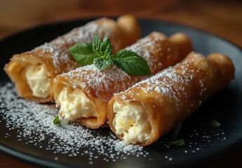 Crispy Rolled Pastry Filled with Creamy Filling and Dusting of Powdered Sugar on a Black Plate Surrounded by Fresh Mint Leaves