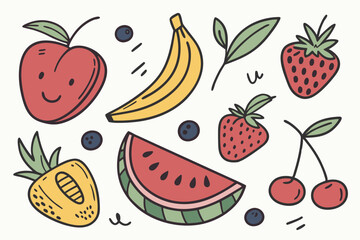 Colorful hand-drawn fruit illustrations, playful cartoon style, isolated fruit icons on white background, vibrant colors, simple shapes, watercolor texture, assorted fruits and berries, flat design, c
