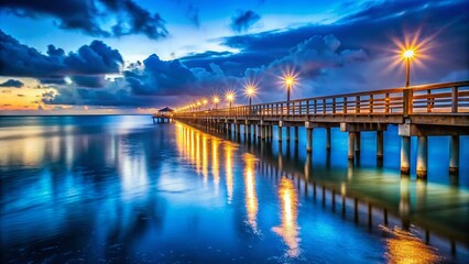Obraz premium Serene Night Ocean Pier: Illuminated Wooden Dock on Calm Blue Water