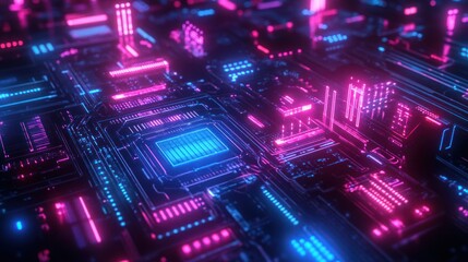 Fototapeta premium Neon Circuit Board: A Futuristic Digital Landscape