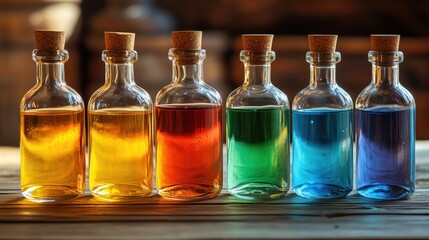 Colorful bottles with cork stoppers sit elegantly on a wooden table, their sparkling liquids catching the light and creating a vibrant, eye-catching display.
