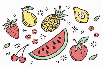 Colorful hand-drawn fruit illustrations, playful cartoon style, isolated fruit icons on white background, vibrant colors, simple shapes, watercolor texture, assorted fruits and berries, flat design, c