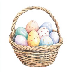 Watercolor easter eggs in a woven basket spring celebration art scene bright colors close-up view, isolated on white background