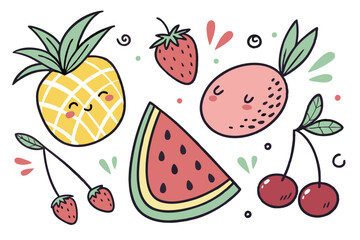 Colorful hand-drawn fruit illustrations, playful cartoon style, isolated fruit icons on white background, vibrant colors, simple shapes, watercolor texture, assorted fruits and berries, flat design, c