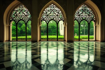 interior view of a mosque hall with rows of arched windows featuring traditional mashrabiya designs