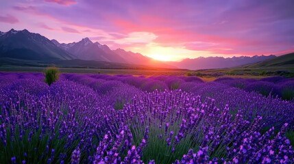 A vibrant lavender field stretches across the foreground,