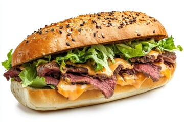 Delicious sandwich filled with tender roast beef and fresh lettuce on a sesame-seeded bun