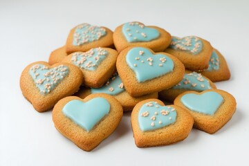 Heart-shaped cookies with blue icing and sprinkles on a white background, Valentines Cookies
