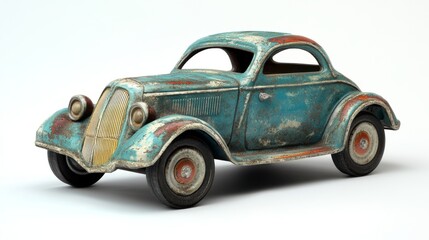 A vintage toy car with a rustic finish stands as a nostalgic symbol of old times. Its beautiful details evoke memories of childhood adventures. Generative AI