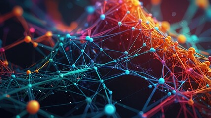 Abstract rainbow colored polygonal neural connections on dark space background