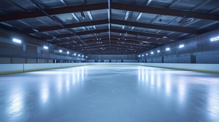 Fototapeta premium Empty indoor ice skating rink with bright lights and reflective frozen surface