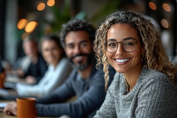 Obraz premium Smiling woman with curly hair enjoying time with friends at a cozy cafe during a sunny afternoon