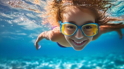 Naklejka premium Smiling girl swimming underwater with bright goggles in clear blue ocean